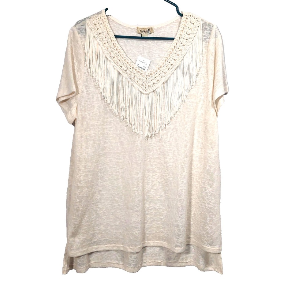 One World Womens Xl Semi Sheer Tee Fringe Yoke Short Sleeves HIgh Low Ivory NEW